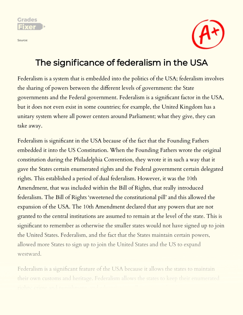 History of The USA: The Importance of Federalism Essay