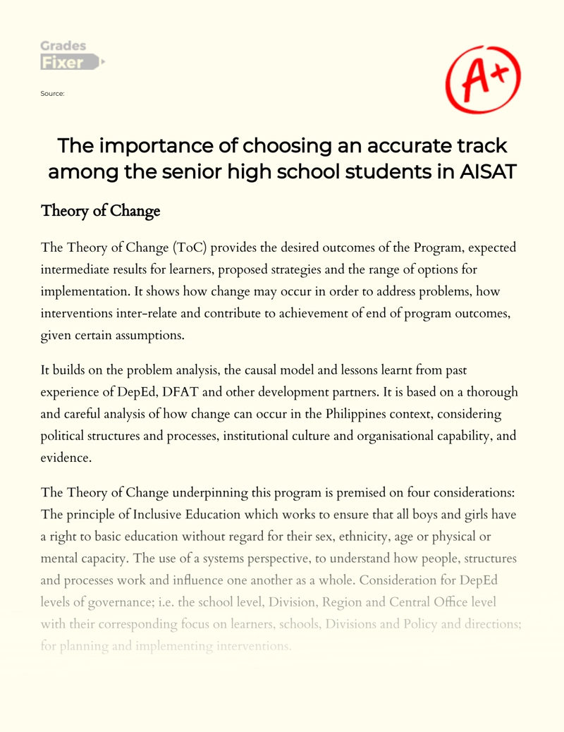 The Importance of Choosing an Accurate Track Among The Senior High School Students in Aisat Essay