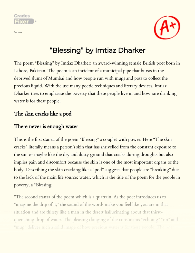 "Blessing" by Imtiaz Dharker Essay