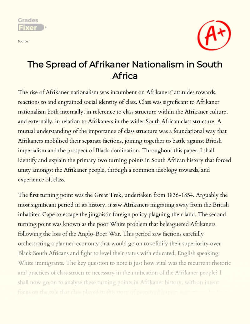The Spread of Afrikaner Nationalism in South Africa essay