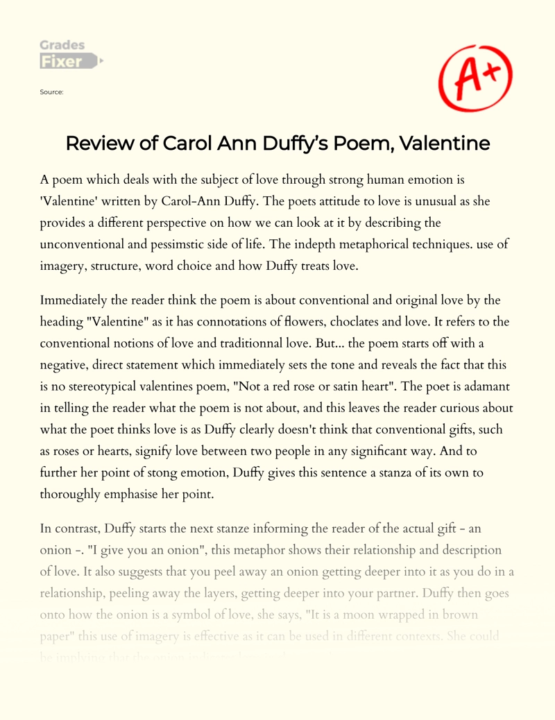 Review of Carol Ann Duffy’s Poem, Valentine essay