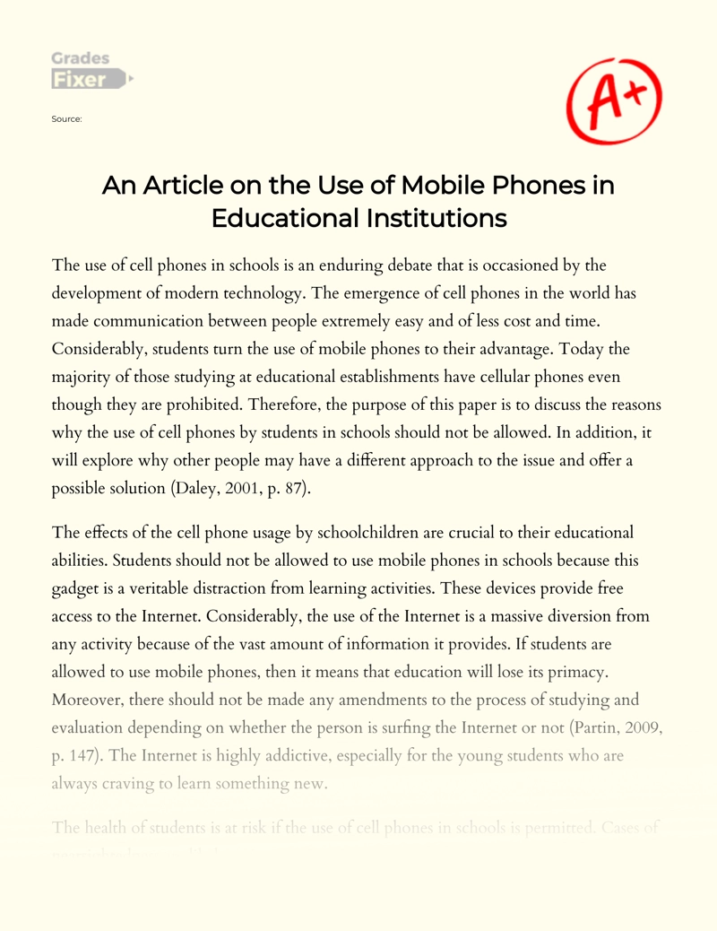 An Article on The Use of Mobile Phones in Educational Institutions essay