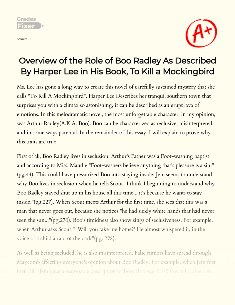 Overview of The Role of Boo Radley as Described by Harper Lee in His Book, to Kill a Mockingbird essay
