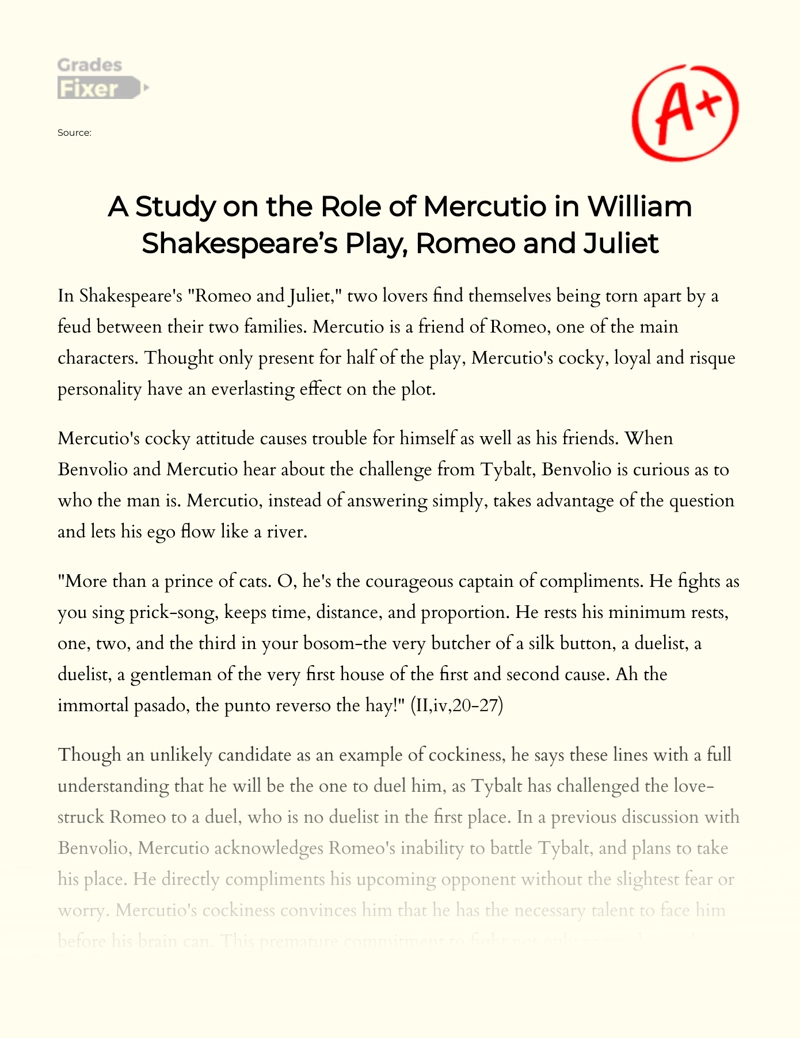 A Study on The Role of Mercutio in William Shakespeare’s Play, Romeo and Juliet essay