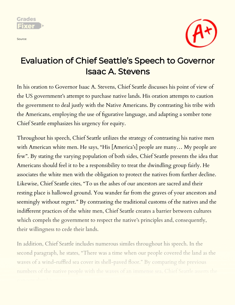 Evaluation of Chief Seattle’s Speech to Governor Isaac A. Stevens essay