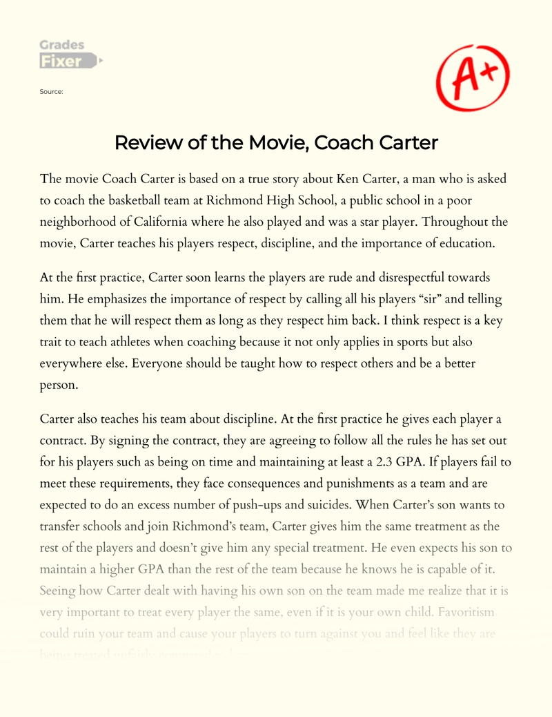 Review of the Movie, Coach Carter: [Essay Example], 759 words GradesFixer