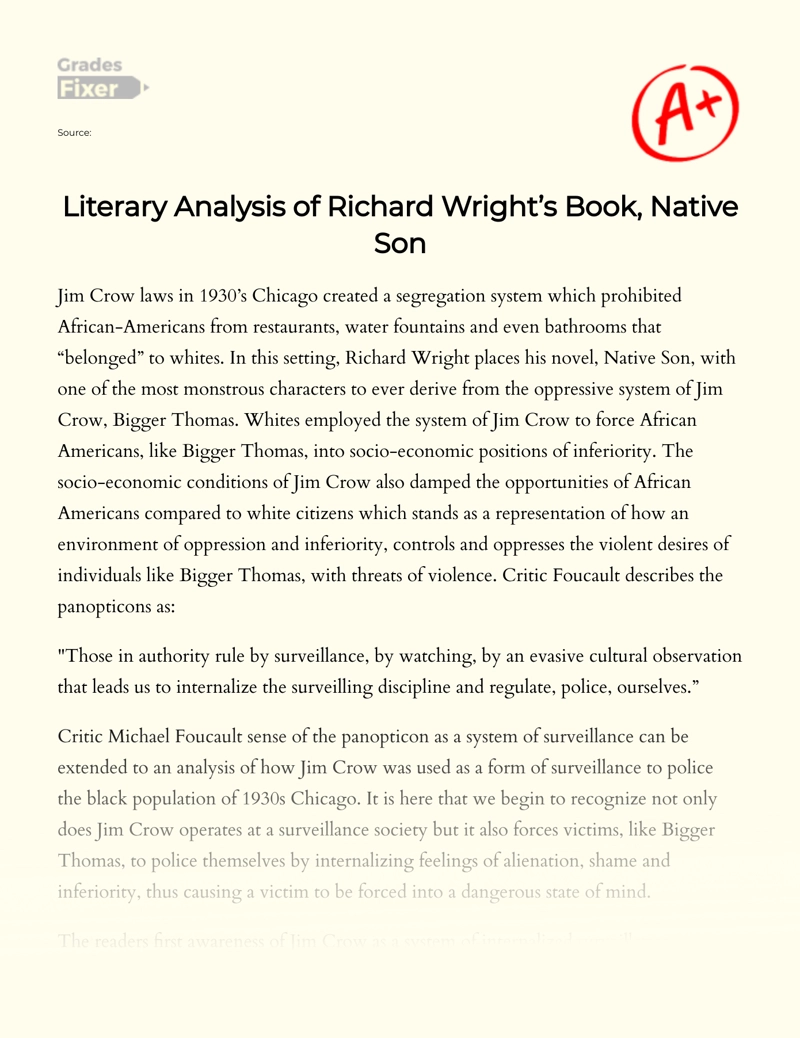 Literary Analysis of Richard Wright’s Book, Native Son Essay
