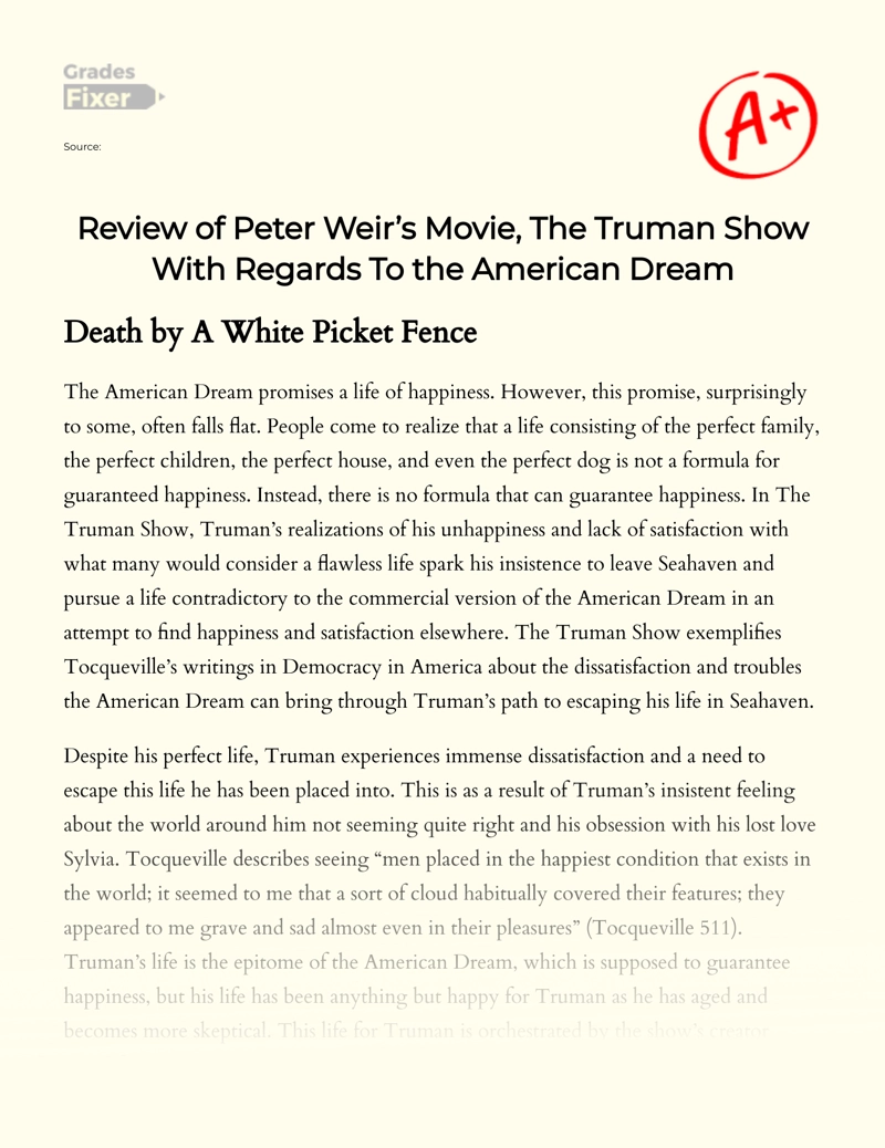 Review of Peter Weir’s Movie, The Truman Show with Regards to The American Dream Essay
