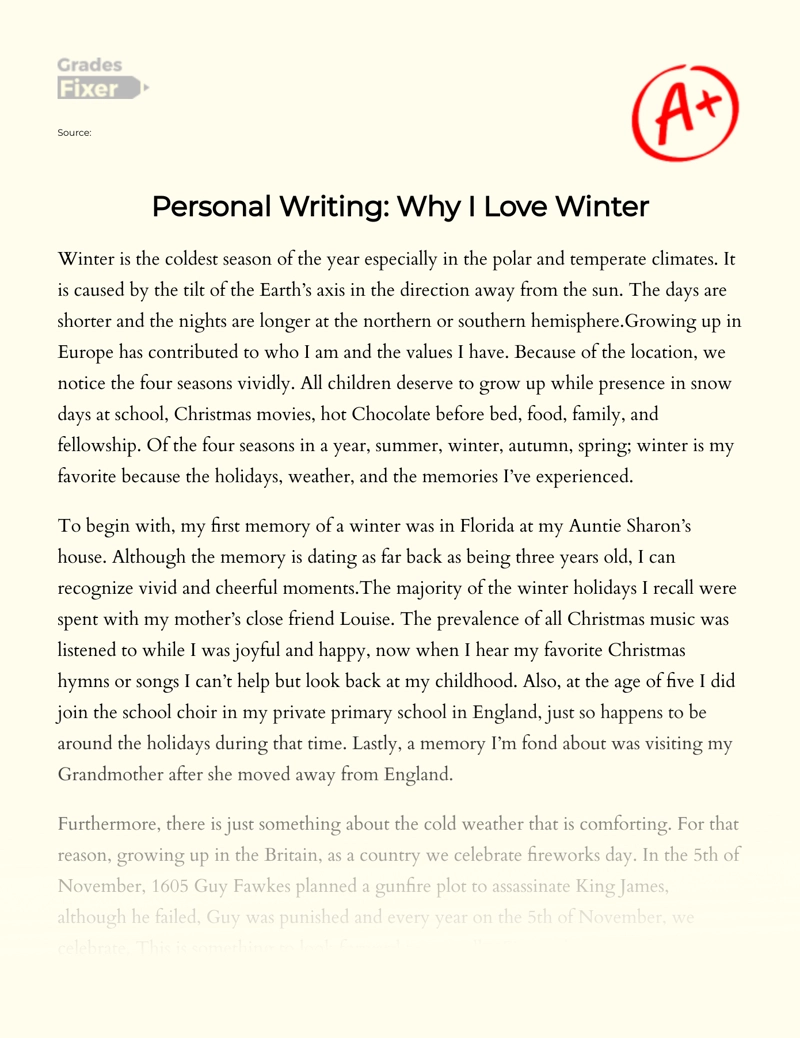 Personal Writing: Why I Love Winter Essay