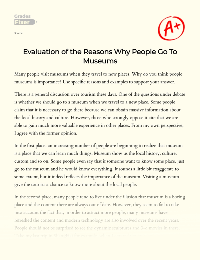 Evaluation of The Reasons Why People Go to Museums Essay