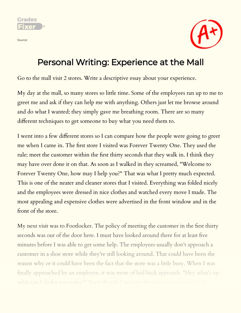Personal Writing: Experience at The Mall Essay