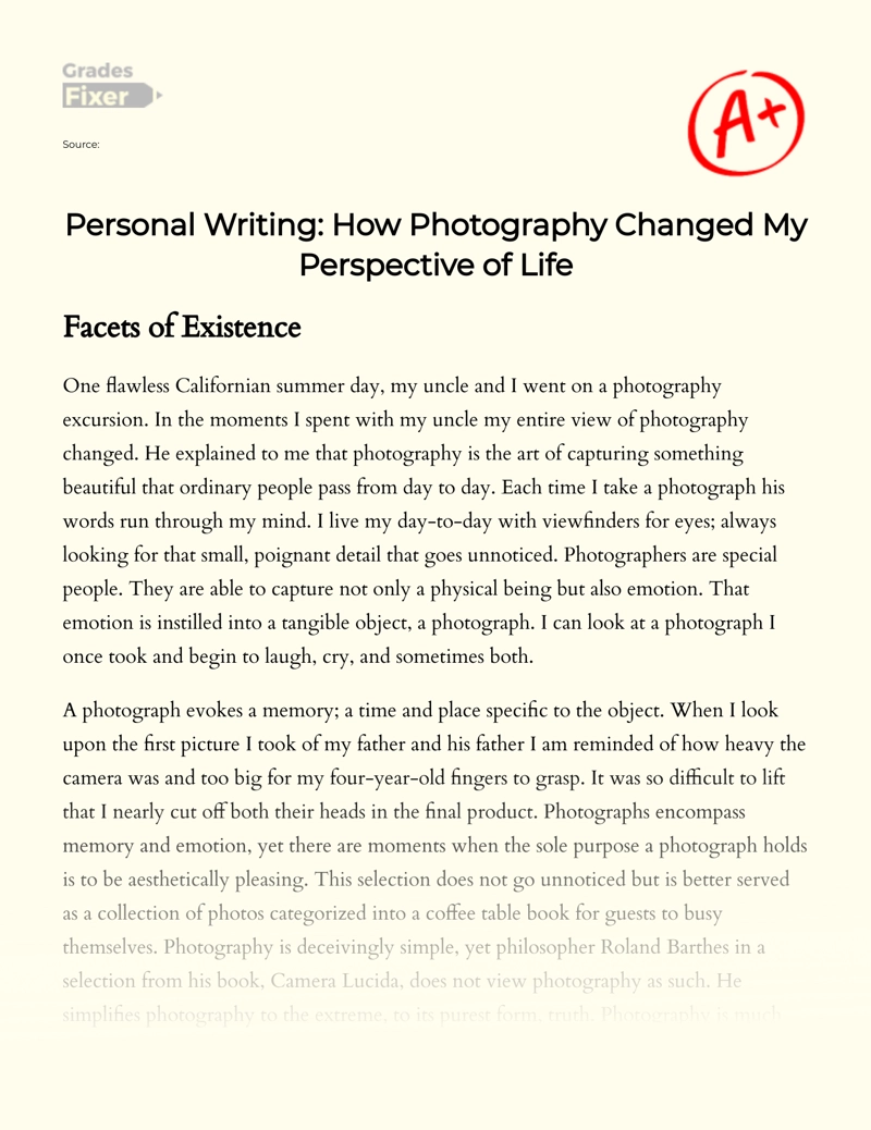 Personal Writing: How Photography Changed My Perspective of Life Essay
