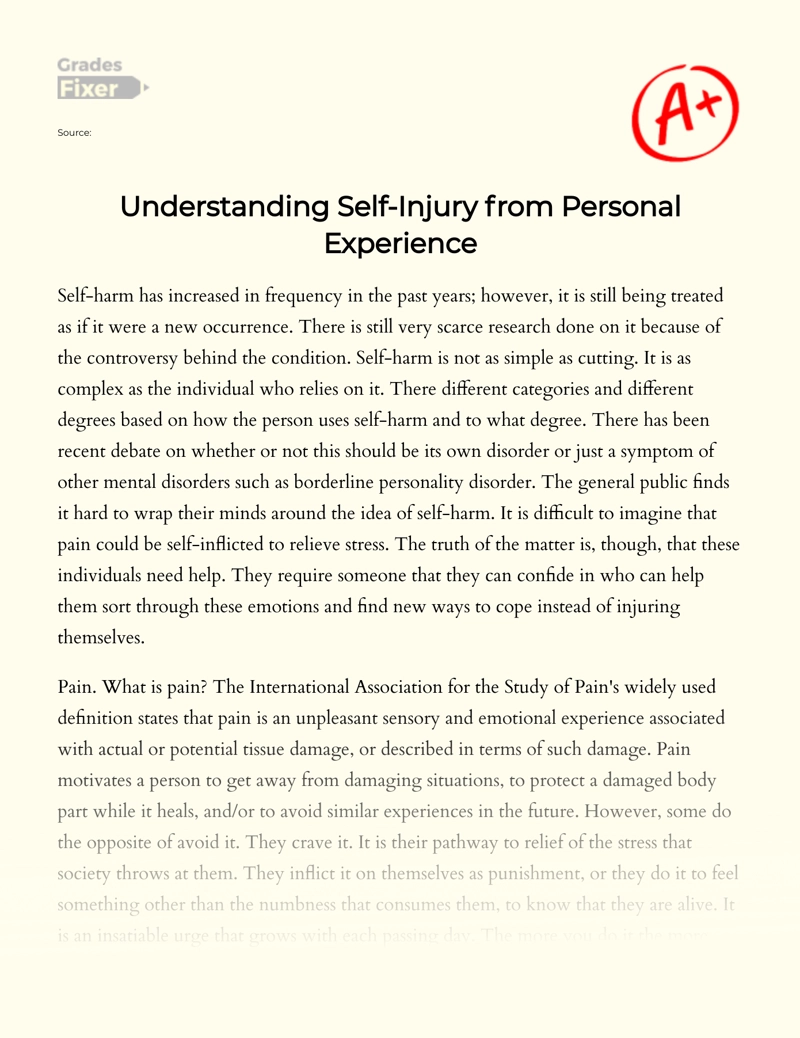 Understanding Self-injury from Personal Experience Essay