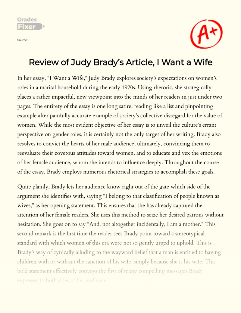 Review of Judy Brady’s Article, I Want a Wife essay