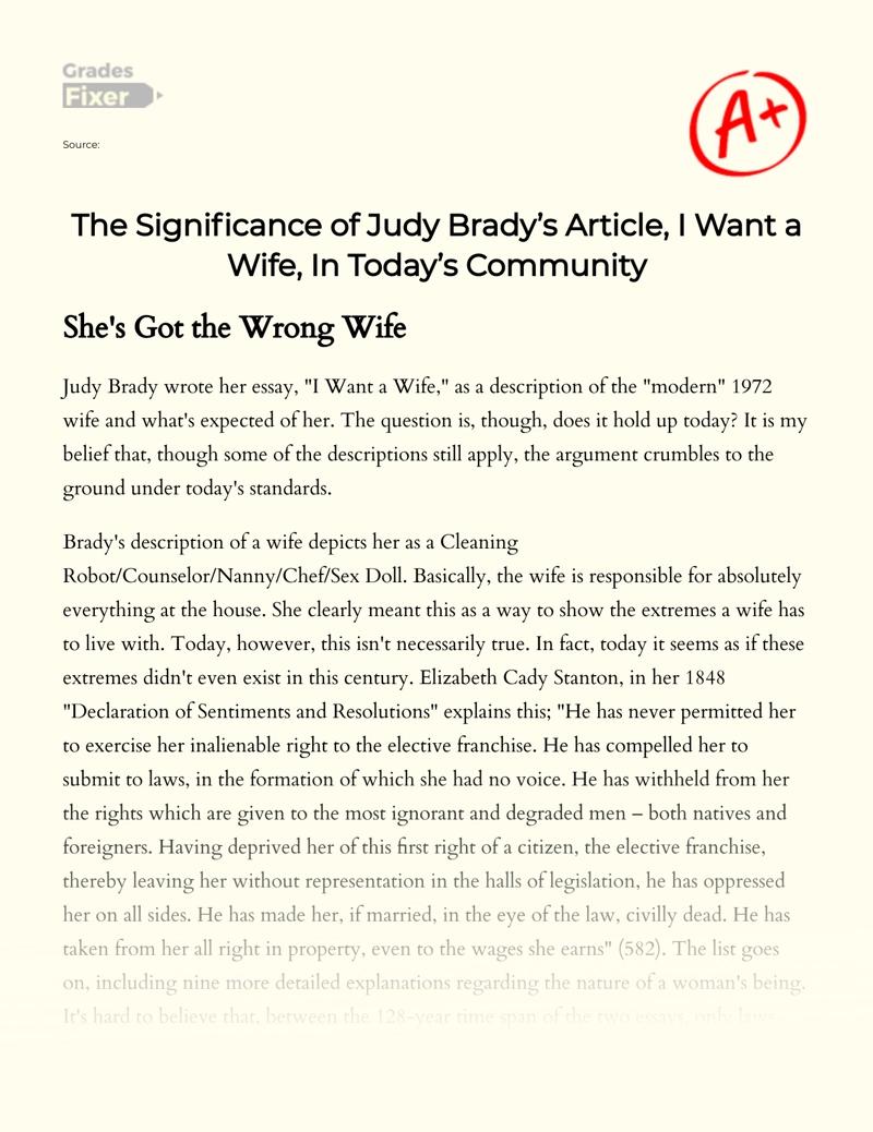 The Significance of Judy Brady’s Article, I Want a Wife, in Today’s Community essay