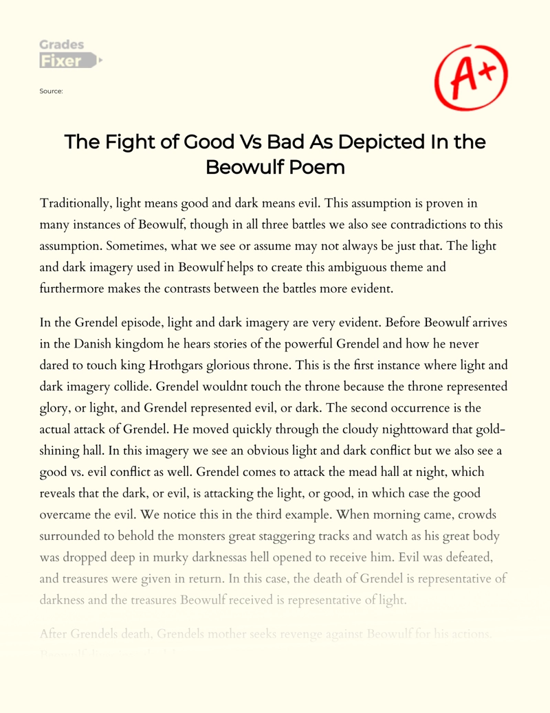 The Fight of Good Vs Bad as Depicted in The Beowulf Poem essay