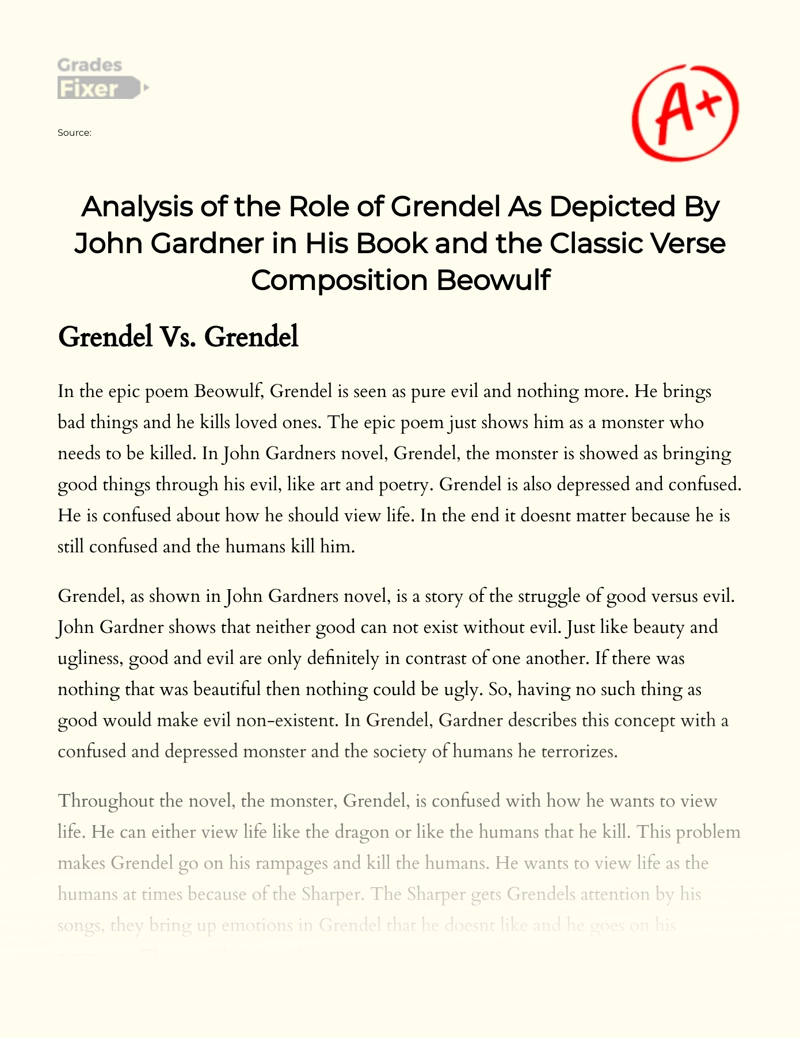 Depiction of Grendel in Beowulf and John Gardner's Book  Essay