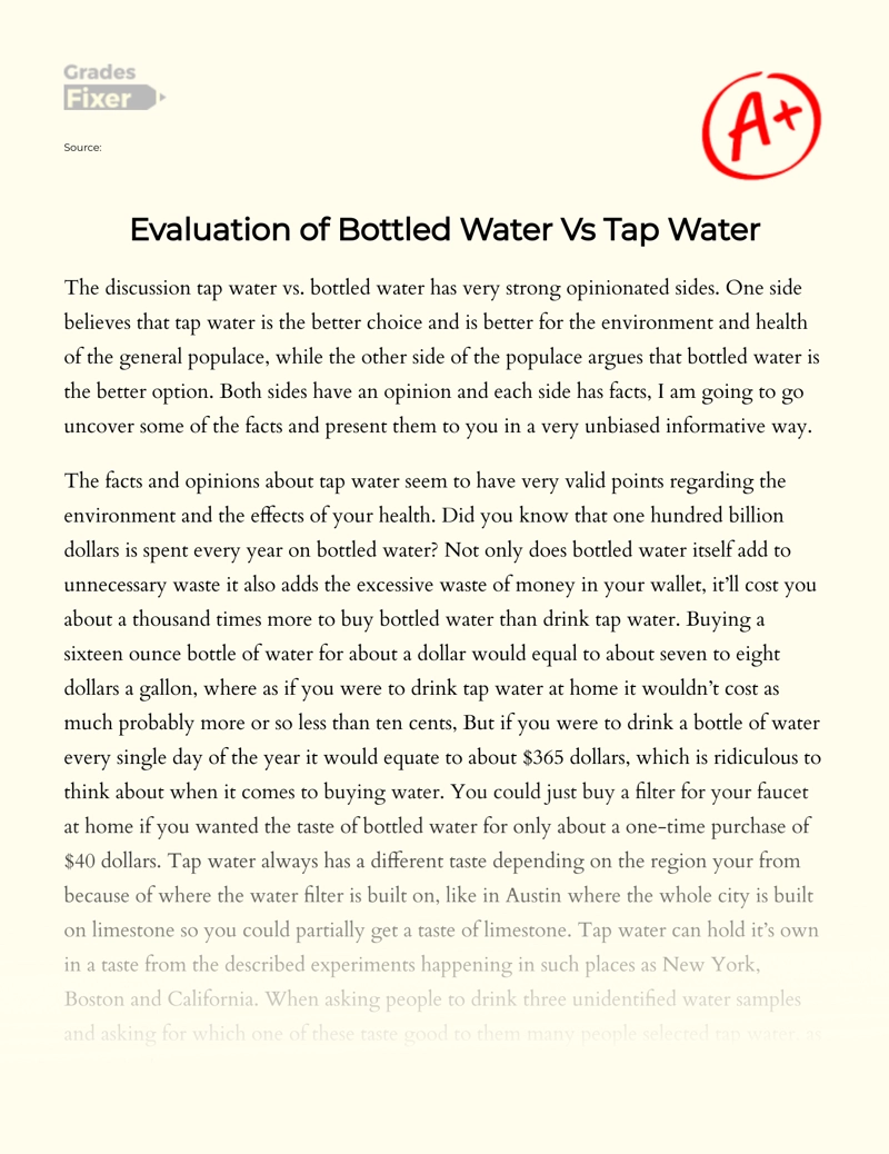 Evaluation of Bottled Water Versus Tap Water Essay