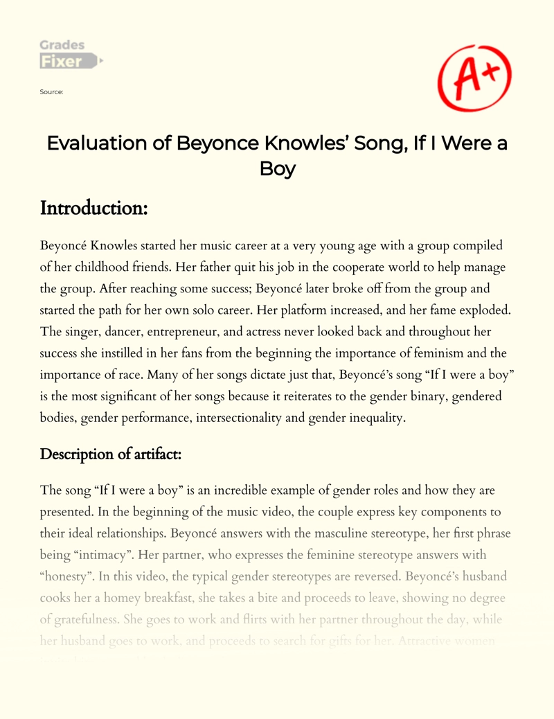 Evaluation of Beyonce Knowles’ Song, if I Were a Boy essay