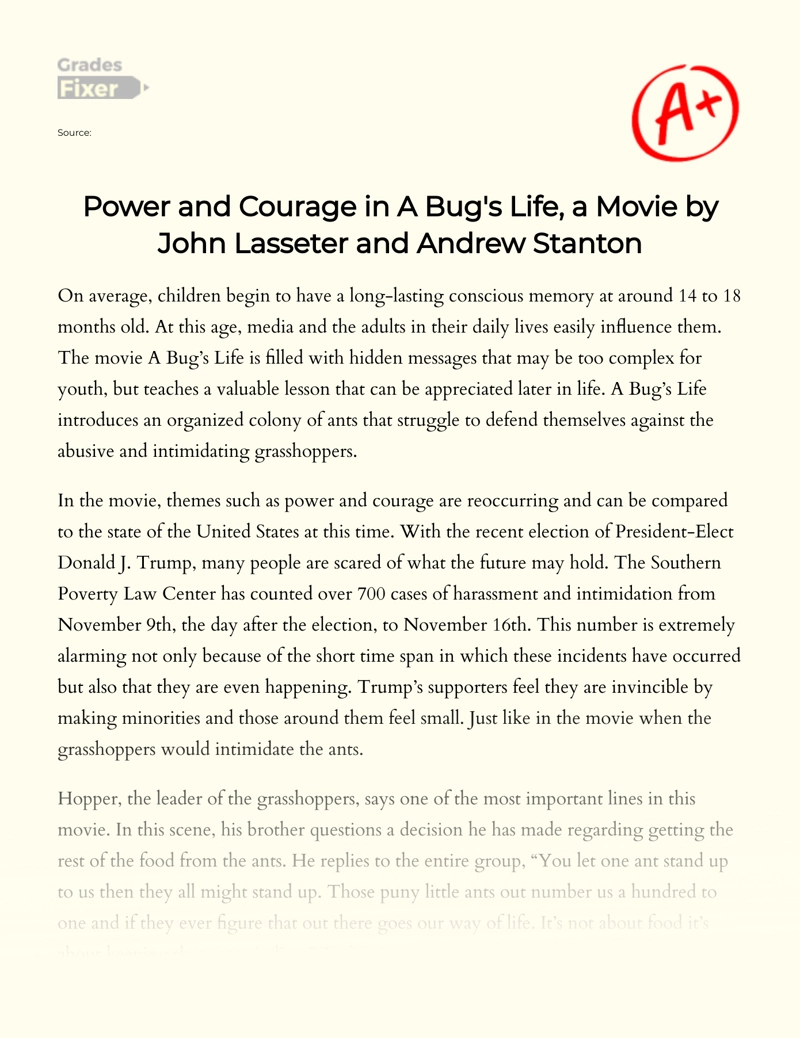 Power and Courage in a Bug's Life, a Movie by John Lasseter and Andrew Stanton Essay