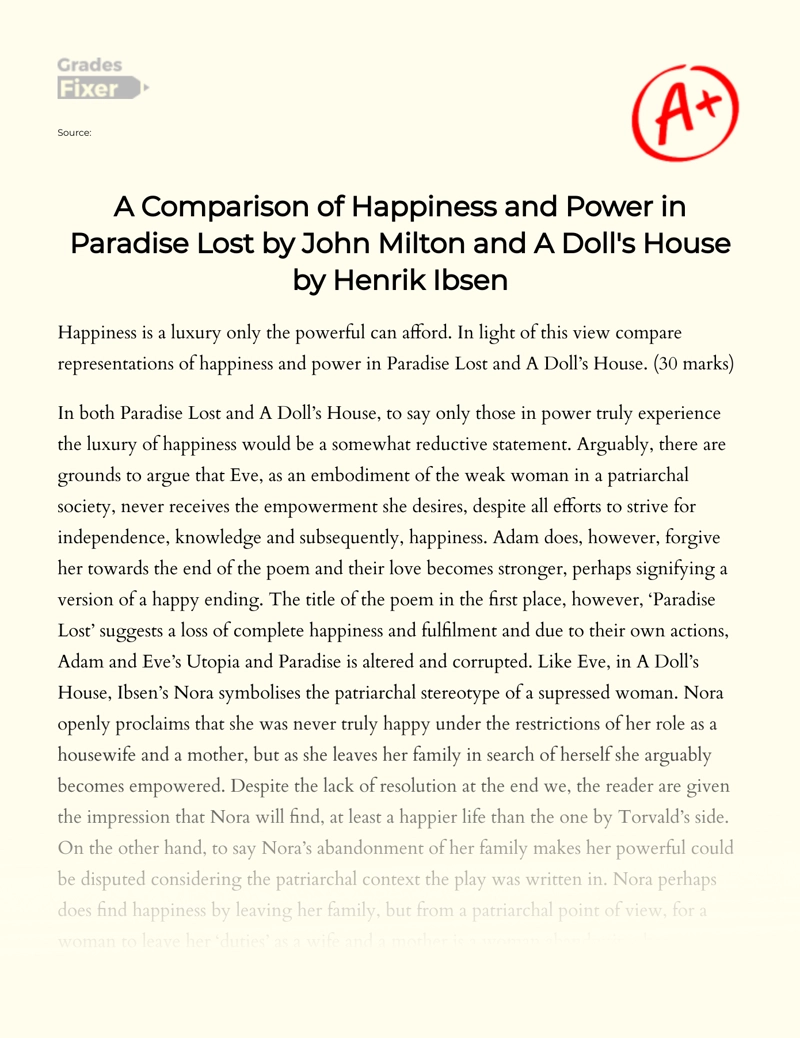 A Comparison of Happiness and Power in "Paradise Lost" and "A Doll's House" Essay