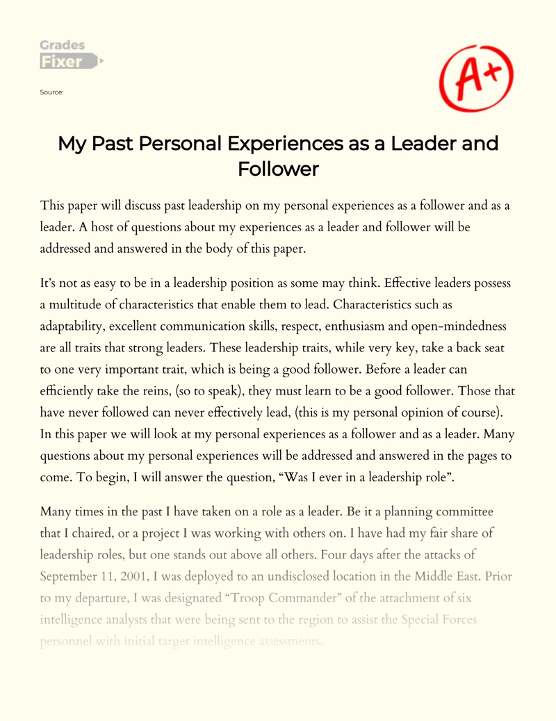 My Past Personal Experiences as a Leader and Follower essay
