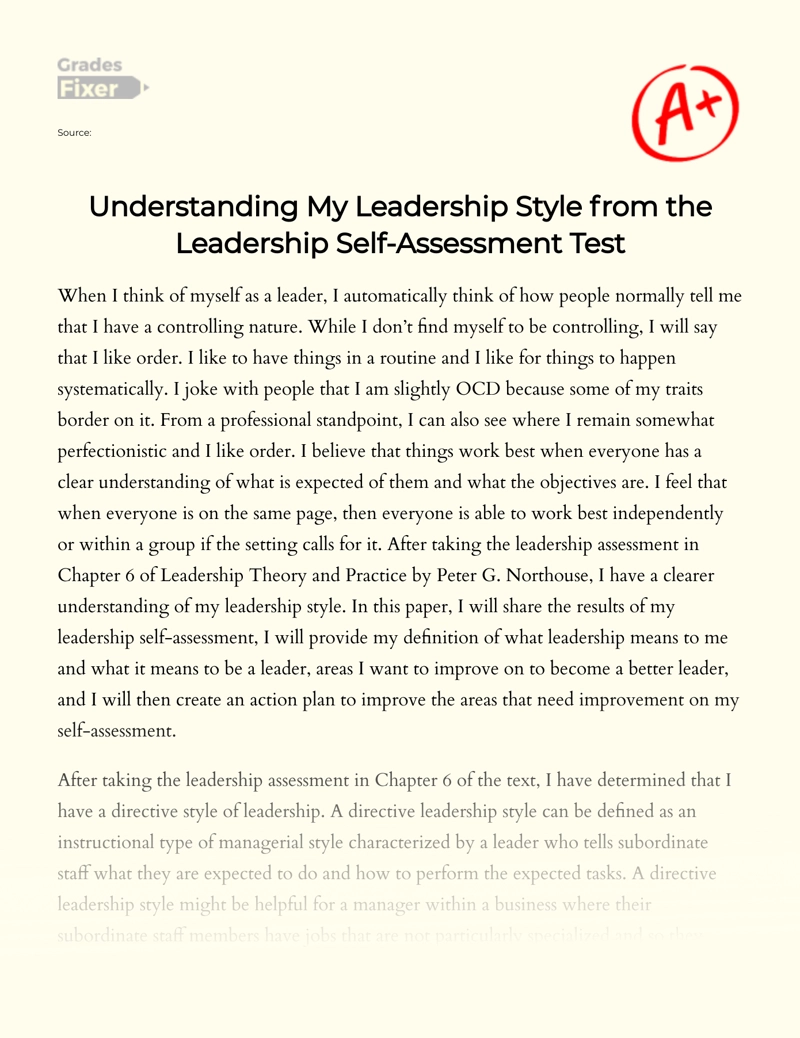 Leadership Assessment: Understanding My Leadership Style essay