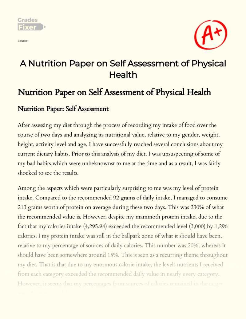 A Nutrition Paper on Self Assessment of Physical Health essay