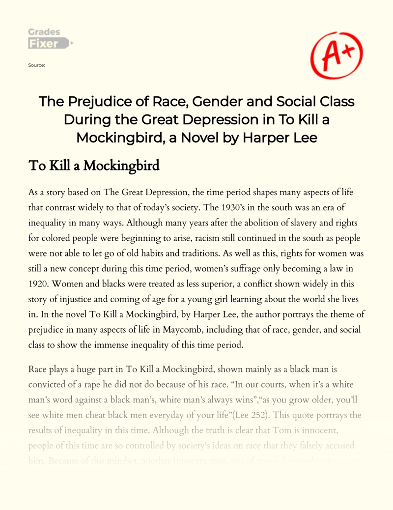 The Prejudice of Race, Gender and Social Class in The Novel "To Kill a Mockingbird" Essay