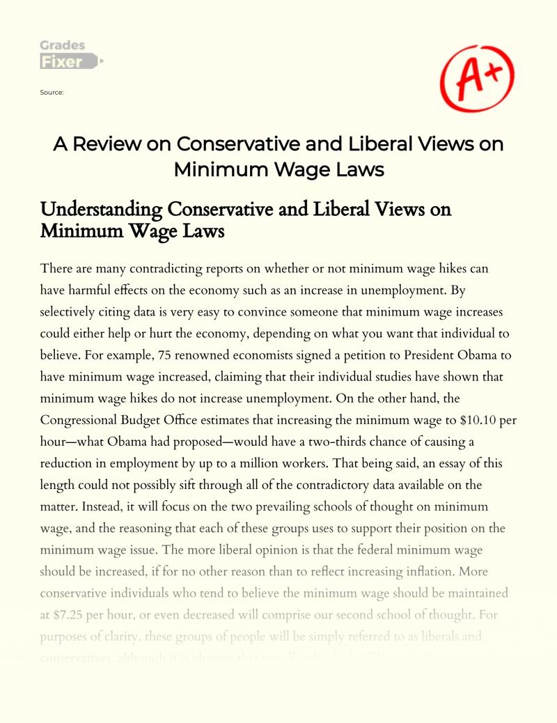 A Review on Conservative and Liberal Views on Minimum Wage Laws Essay