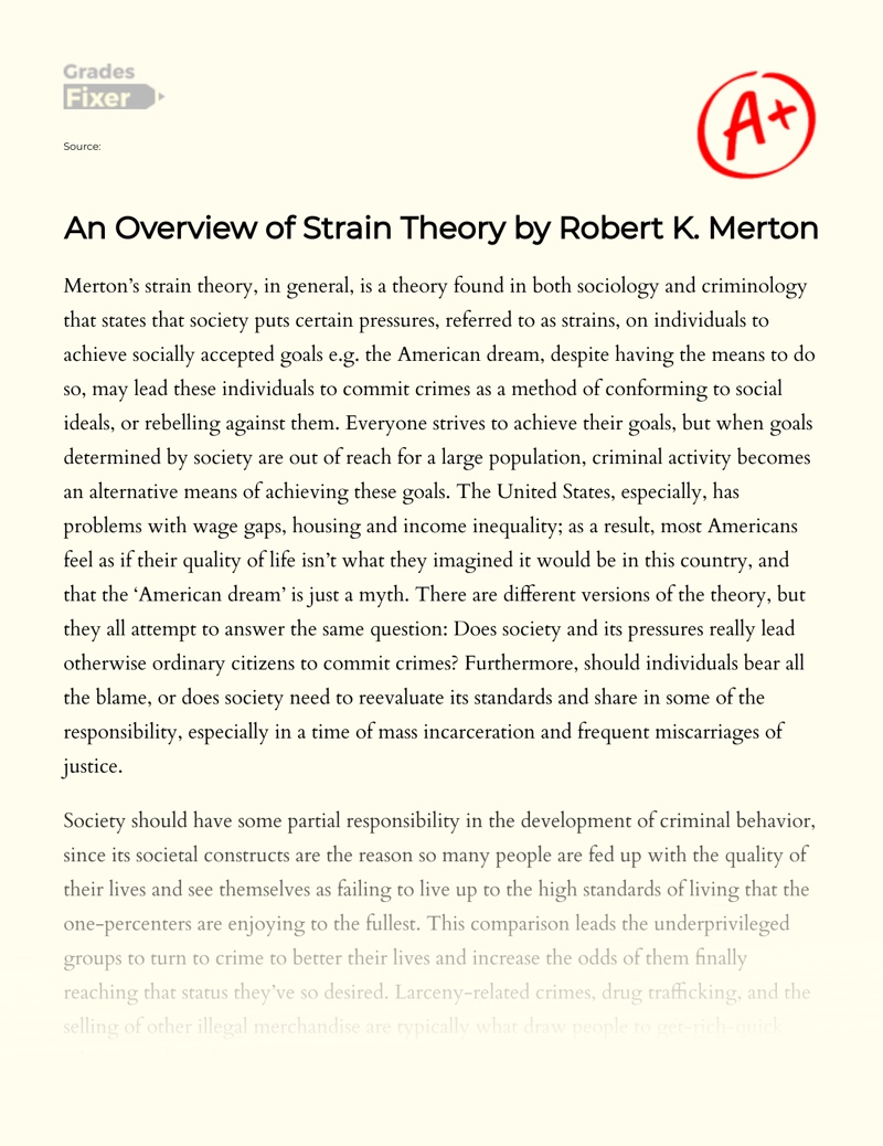 An Overview of Strain Theory by Robert K. Merton Essay