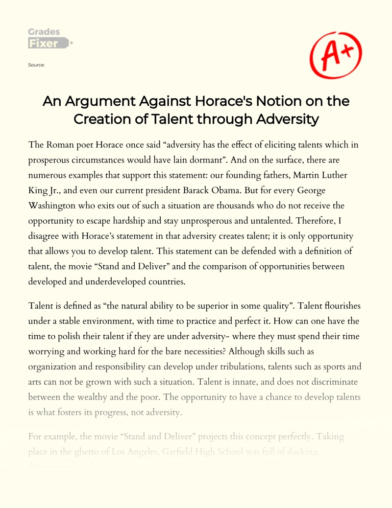 An Argument Against Horace's Notion on The Creation of Talent Through Adversity essay