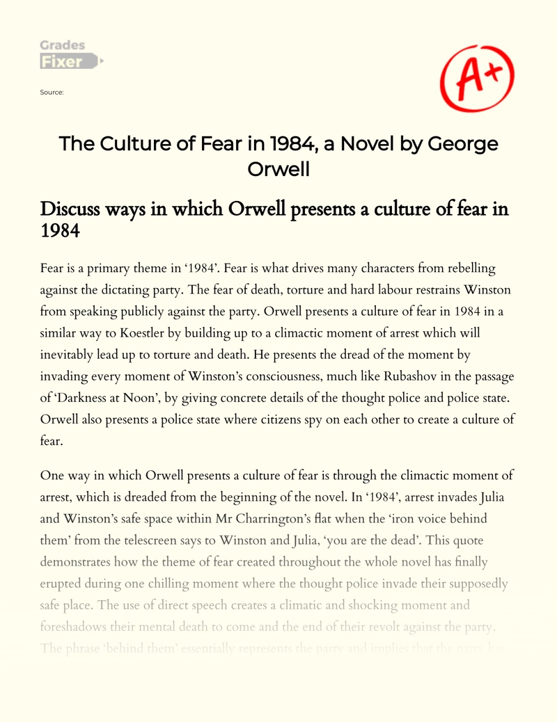 The Culture of Fear in 1984, a Novel by George Orwell essay