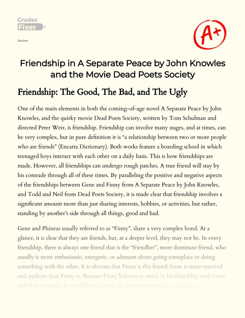 Friendship in a Separate Peace by John Knowles and The Movie Dead Poets Society essay