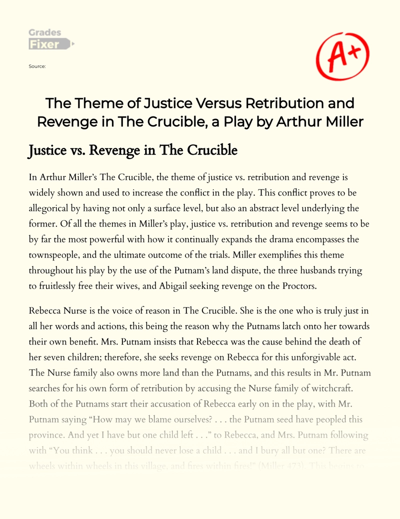 The Theme of Justice Versus Retribution and Revenge in "The Crucible" by Arthur Miller Essay