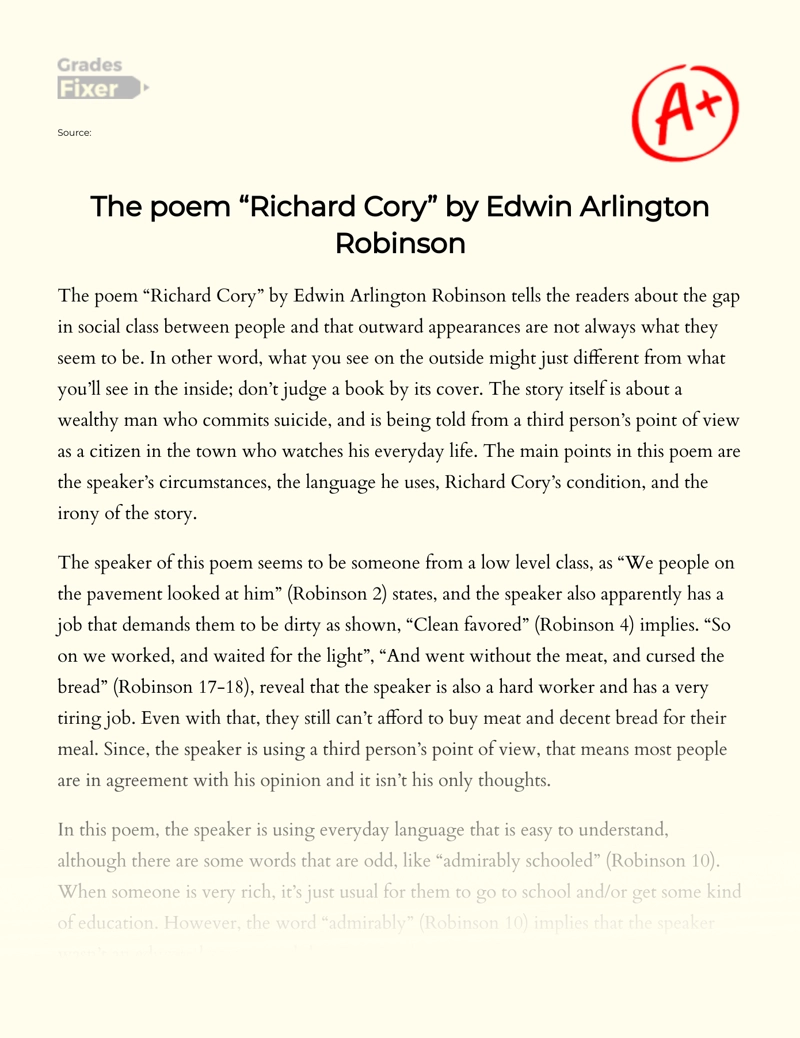 The Poem "Richard Cory" by Edwin Arlington Robinson essay