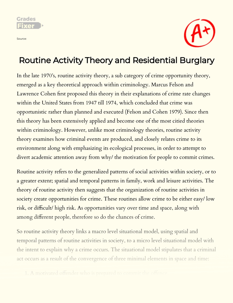 Routine Activity Theory and Residential Burglary Essay