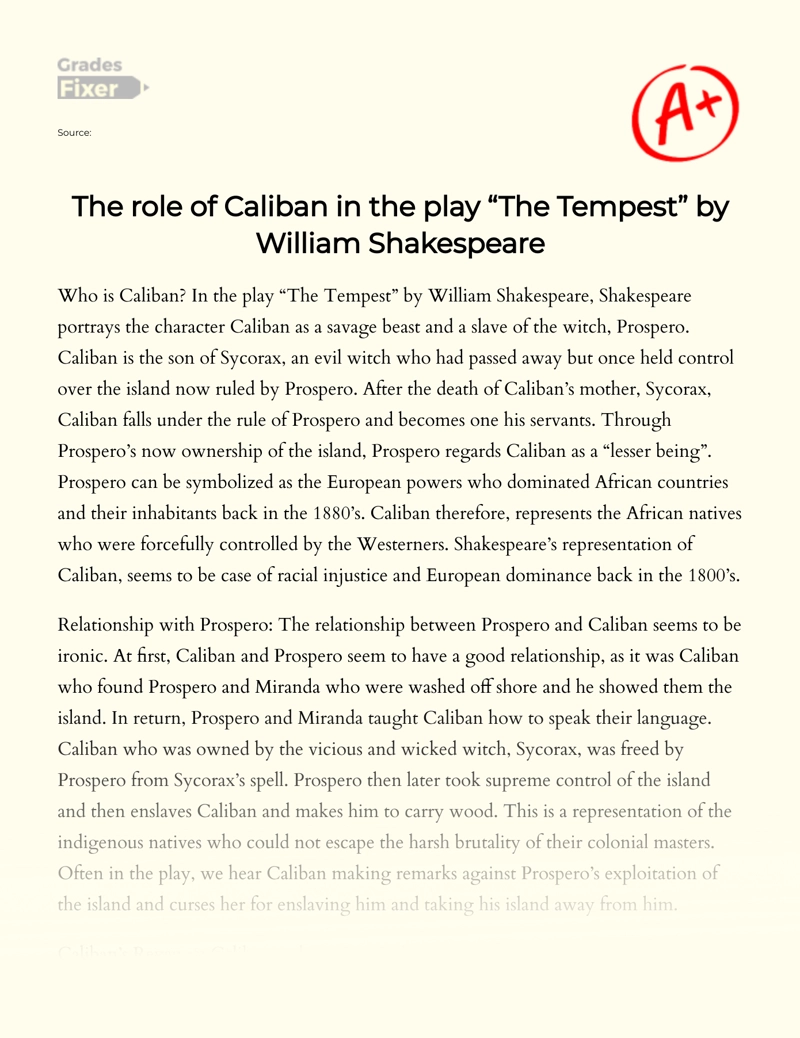The Role of Caliban in The Play "The Tempest" by William Shakespeare  essay