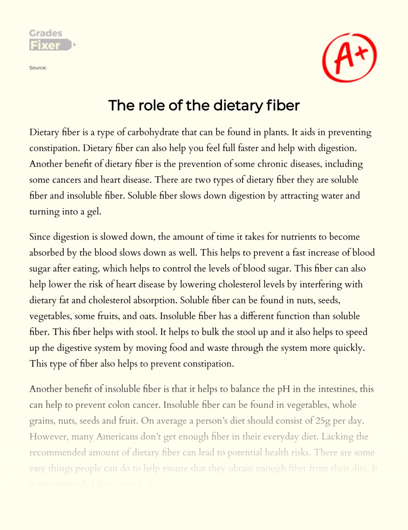 The Role of The Dietary Fiber  Essay
