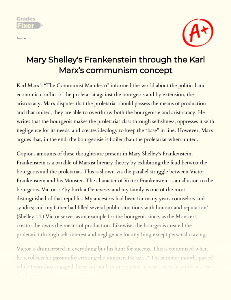 Karl Marx’s Concept of Marxism in Frankenstein by Mary Shelley Essay