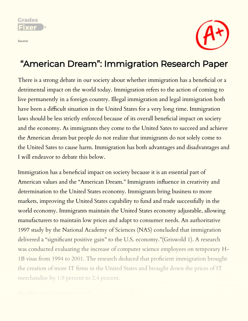 Immigration as a Part of The American Dream Essay