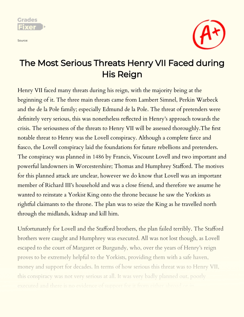 The Most Serious Threats Henry Vii Faced During His Reign essay