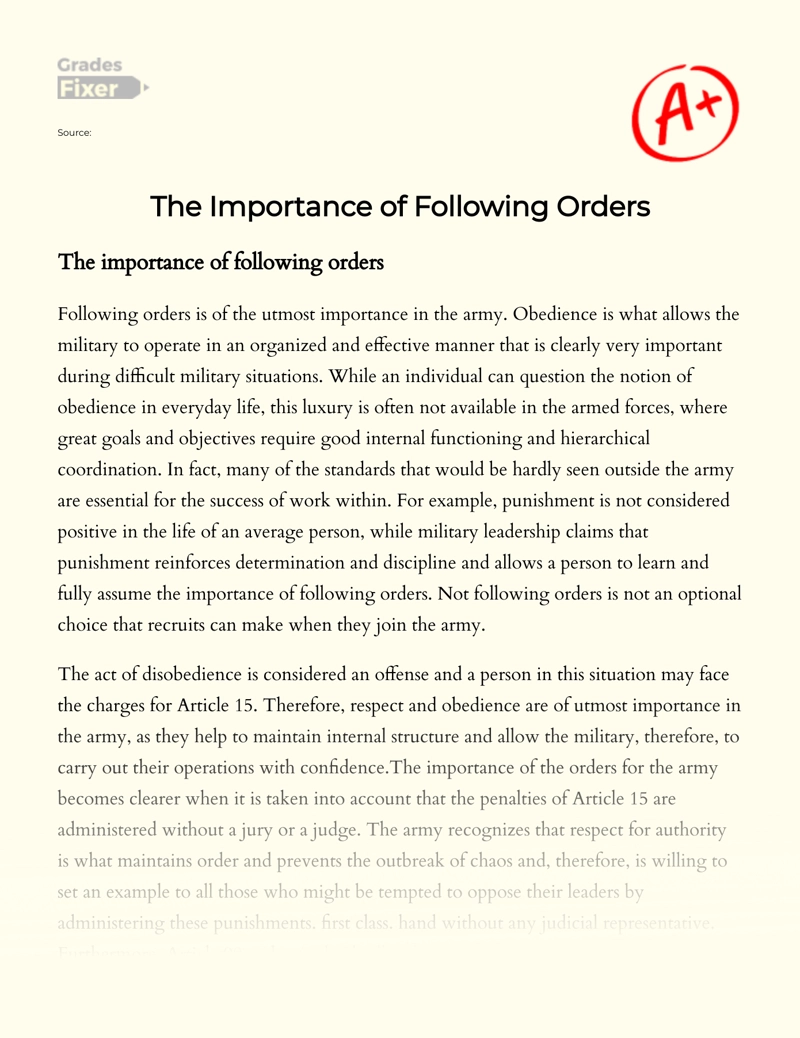 The Importance of Following Orders Essay