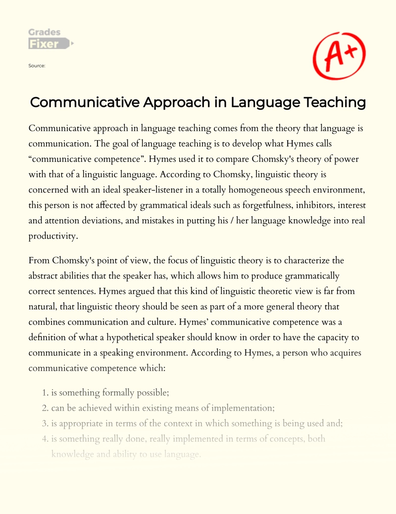 Communicative Approach in Language Teaching Essay