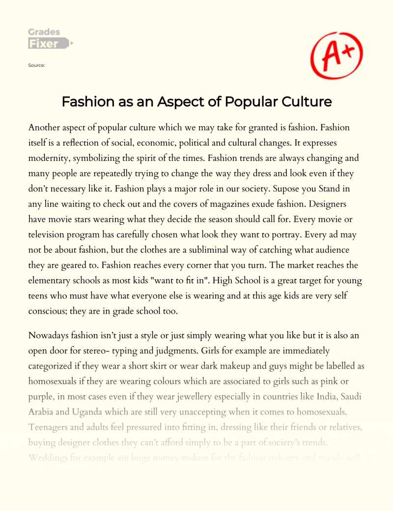 Fashion as an Aspect of Popular Culture Essay