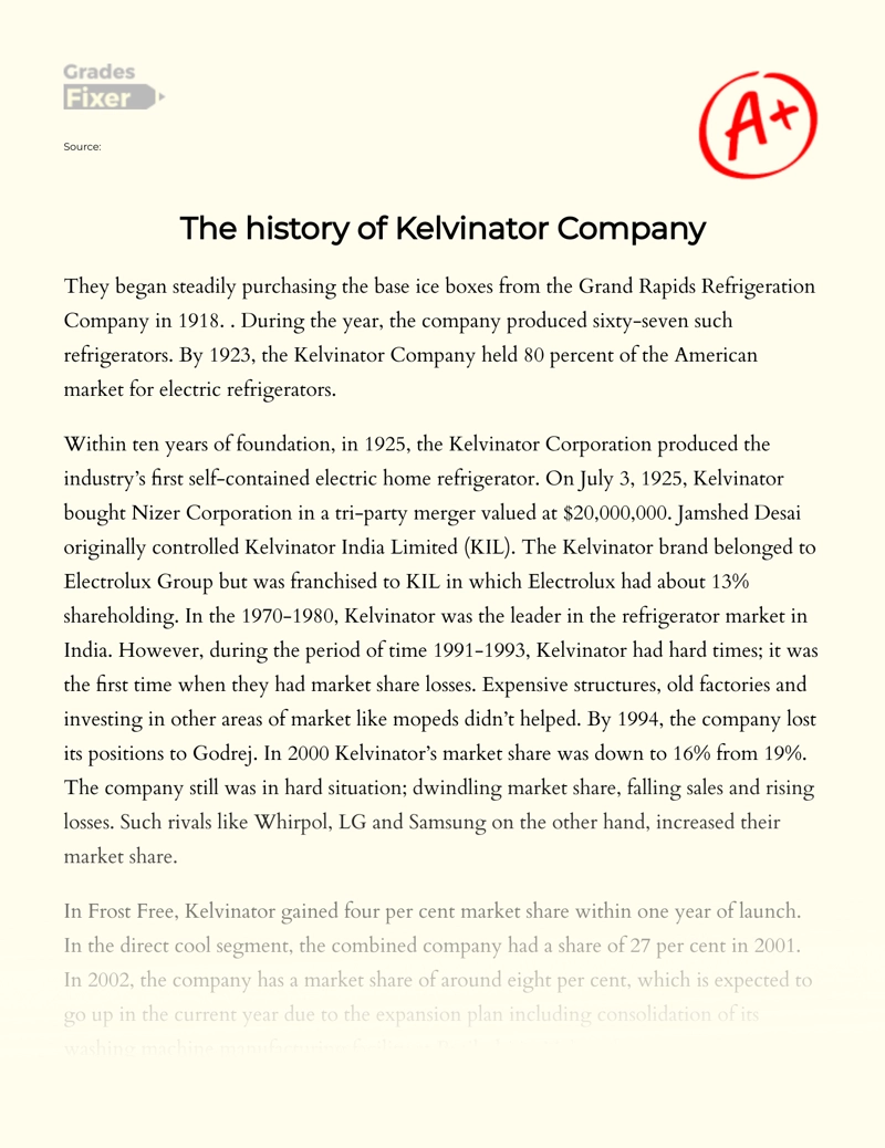 The History of Kelvinator Company essay