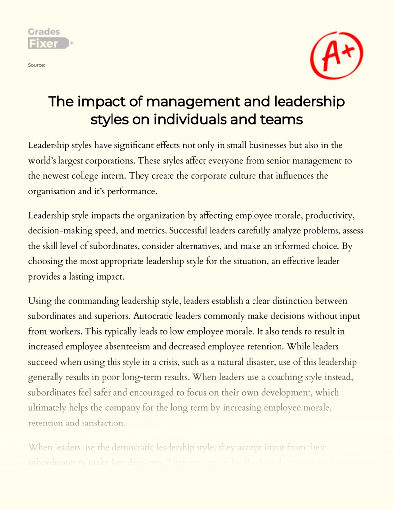 The Role of Management Styles in Teams Essay