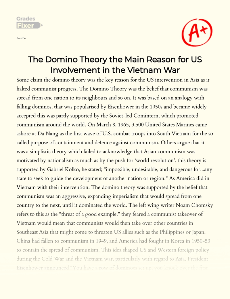 The Domino Theory: The Main Reason for Us Involvement in The Vietnam War Essay