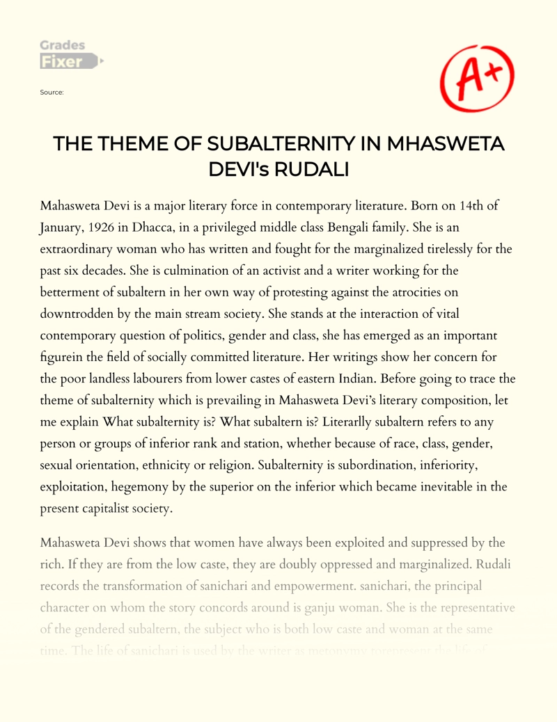 The Theme of Subalternity in Mhasweta Devi's Rudali essay