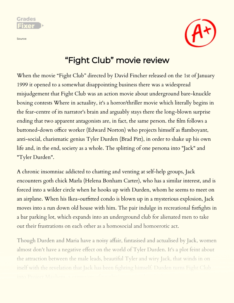 "Fight Club"  Movie Review Essay